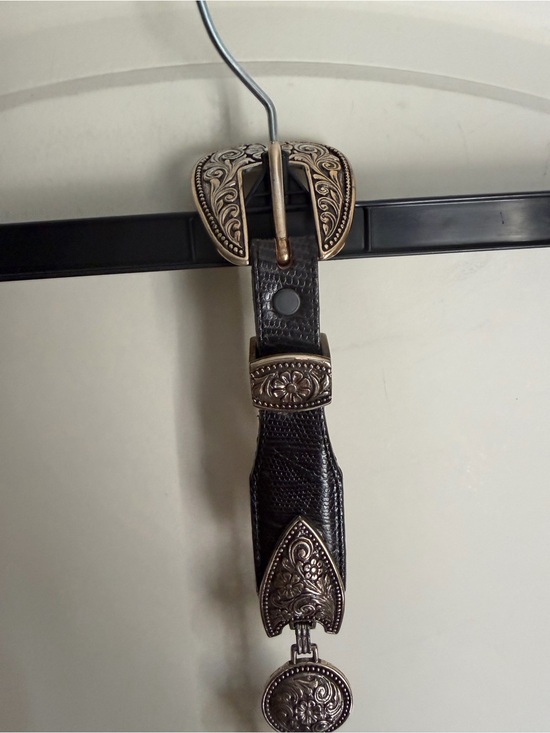 Bringhton 1996 black leather belt silver tone M 35/36 in long western rodeo boho main image 9